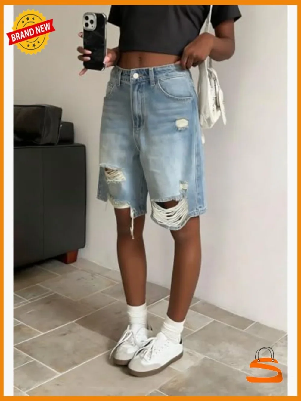 High Waisted Ripped Jean Shorts Baggy Bermuda Long Denim Jorts